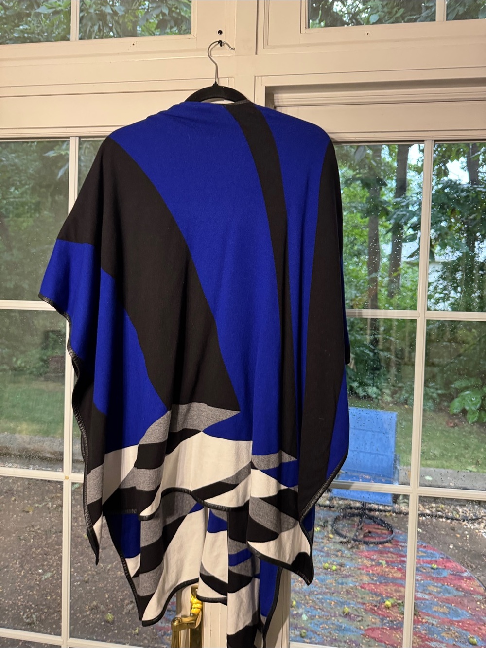 Chico's Bold Blue and Black Draped Poncho with White and Gray Accents - Picture 4 of 5
